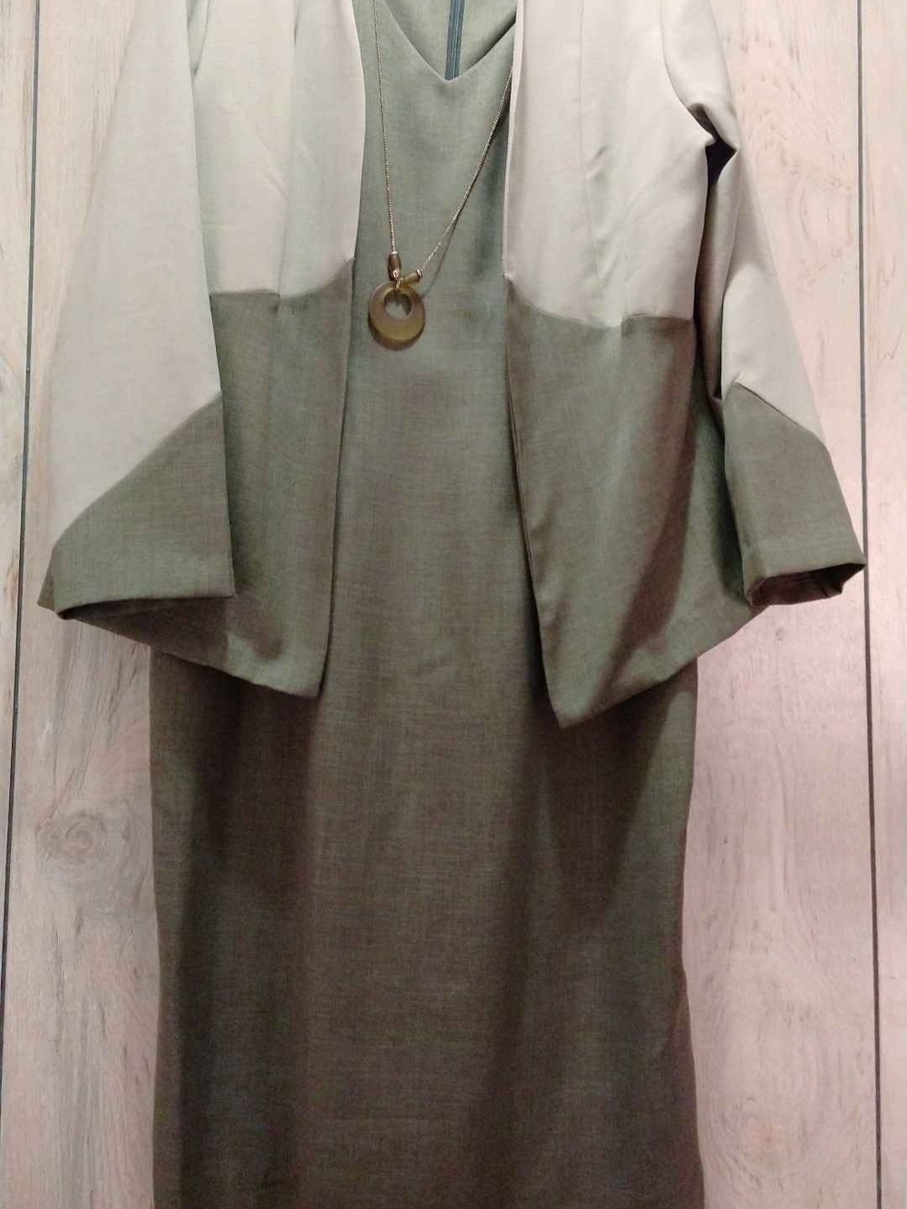 Olive Two-Tone Shift Dress with Coordinating Jacket
